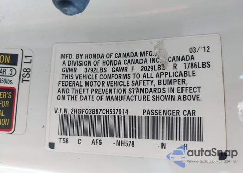 2012 Honda Civic Ex из США, поврежденный, VIN 2HGFG3B87CH537914